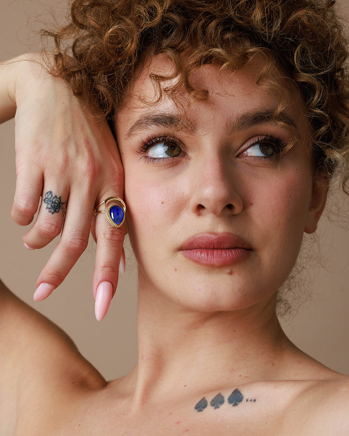 Crescent Moon Ring with Lapis Gold Plated