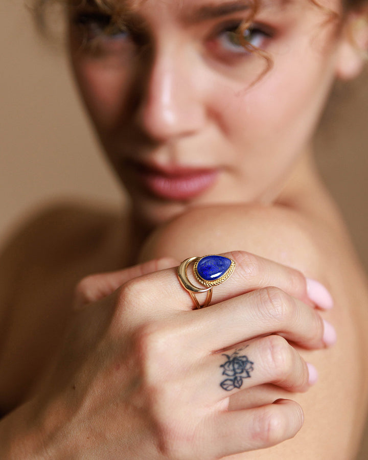 Crescent Moon Ring with Lapis Gold Plated
