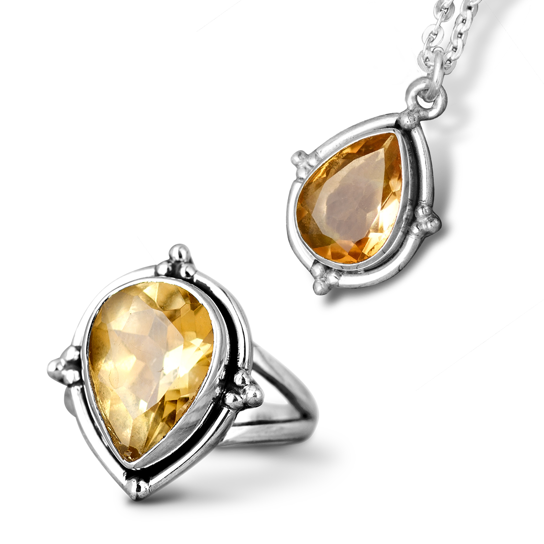 Citrin-Tropfen-Set – Ring und Halskette