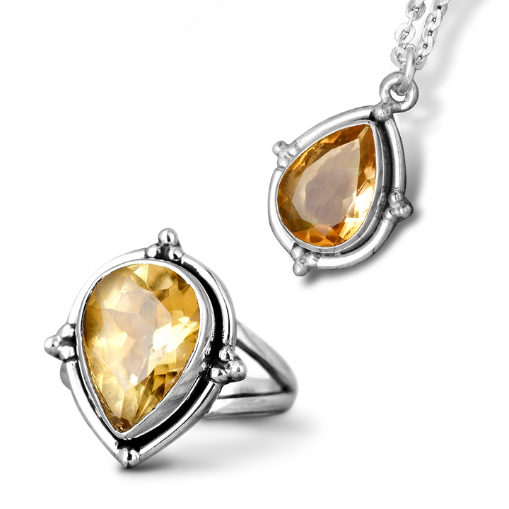 Citrin-Tropfen-Set – Ring und Halskette