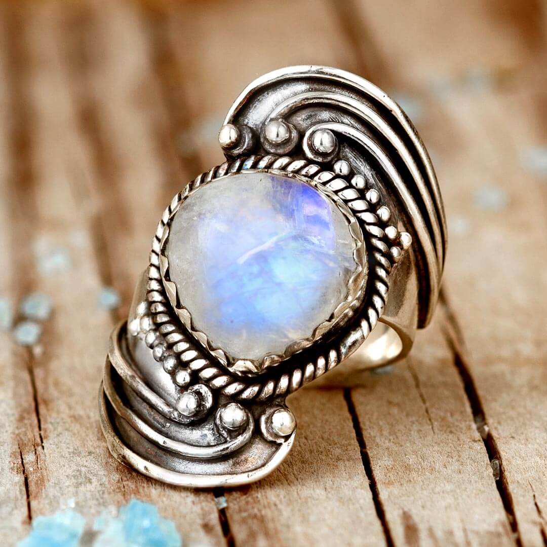 Celestial Moonstone and Labradorite Silver Ring – Boho Magic Jewelry