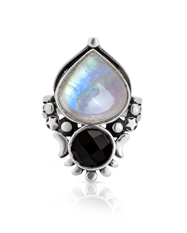 Moonstone and Onyx Celestial Ring