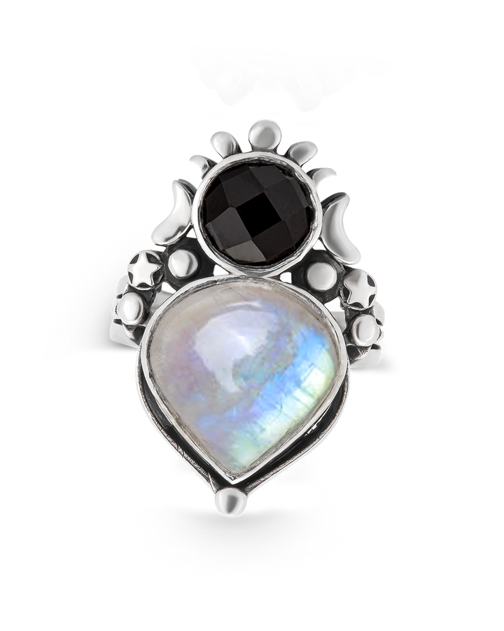 Moonstone and Onyx Celestial Ring