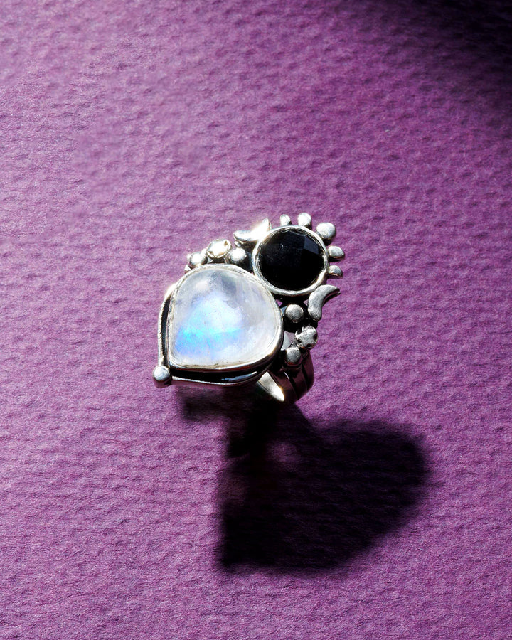 Moonstone and Onyx Celestial Ring