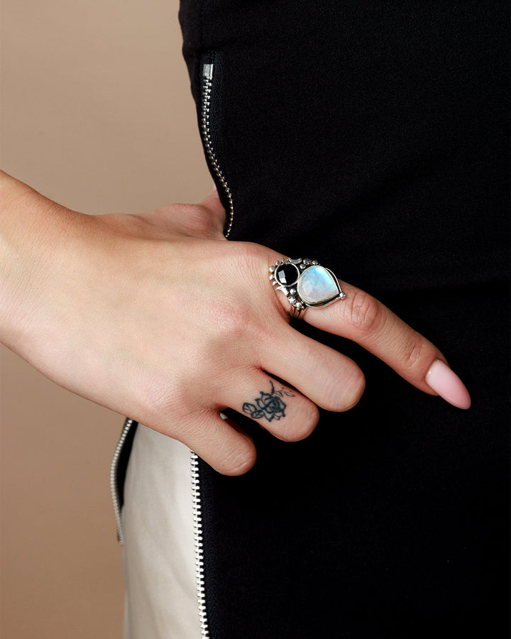 Moonstone and Onyx Celestial Ring