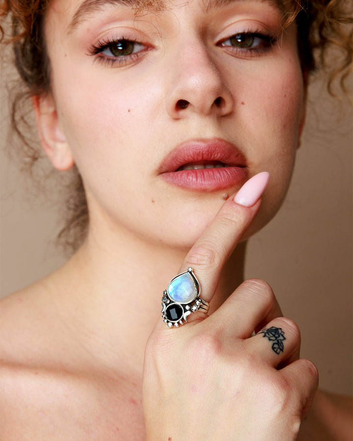 Moonstone and Onyx Celestial Ring
