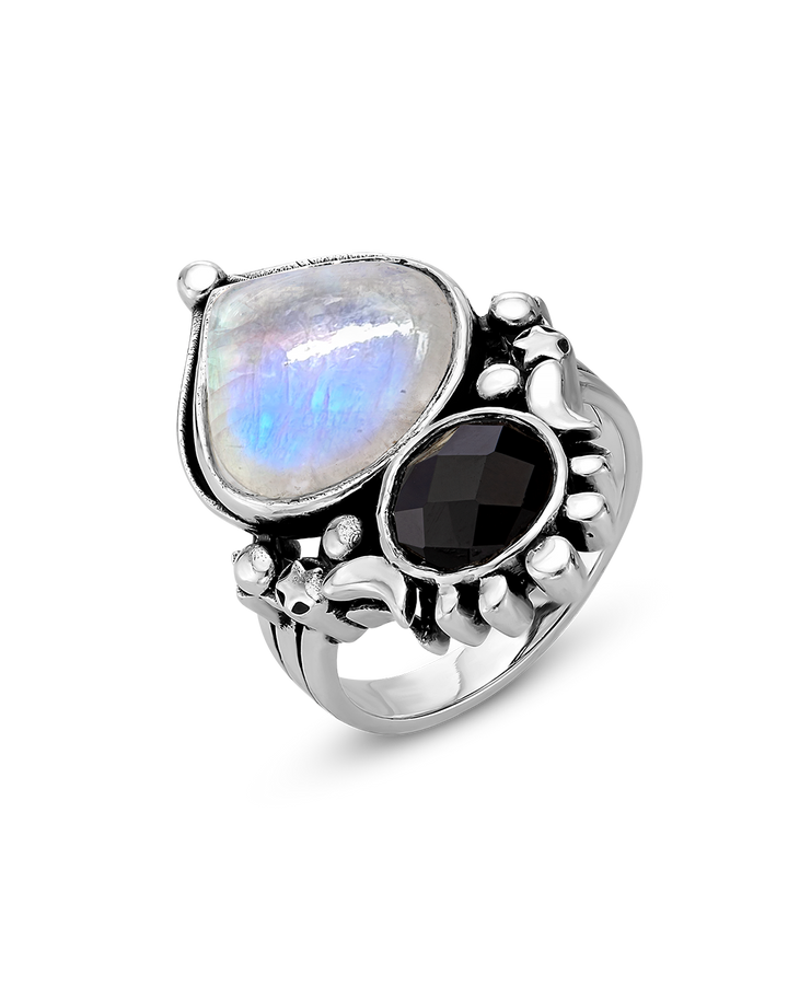 Moonstone and Onyx Celestial Ring