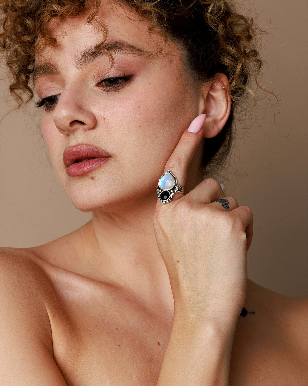 Moonstone and Onyx Celestial Ring