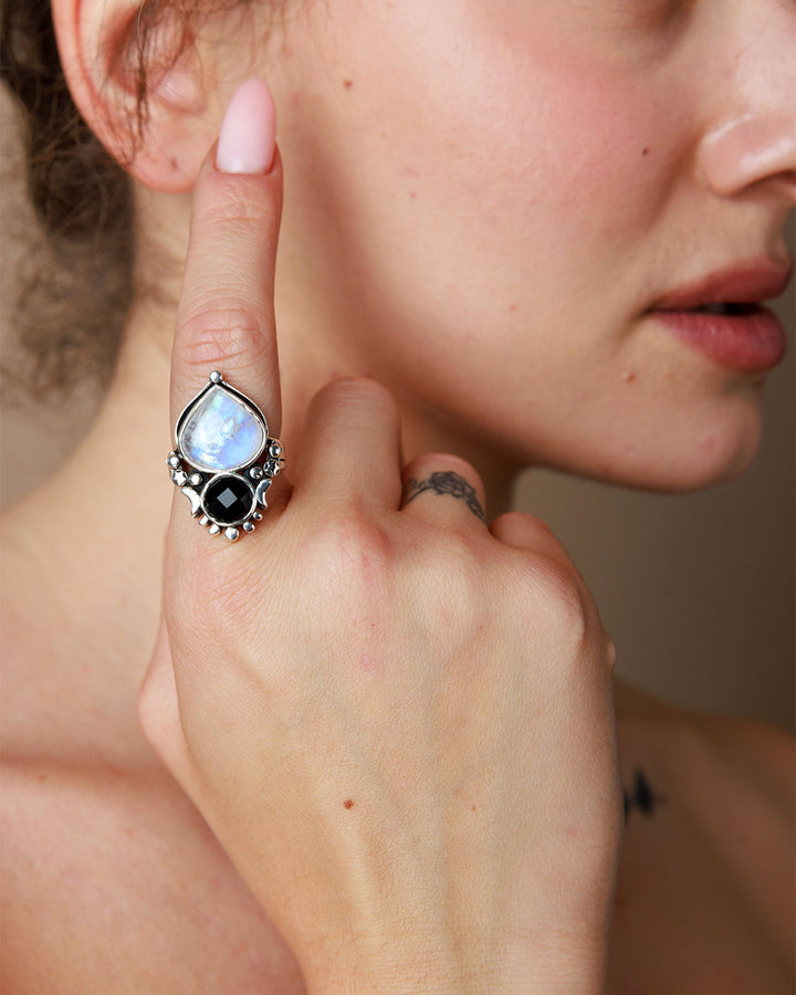 Moonstone and Onyx Celestial Ring