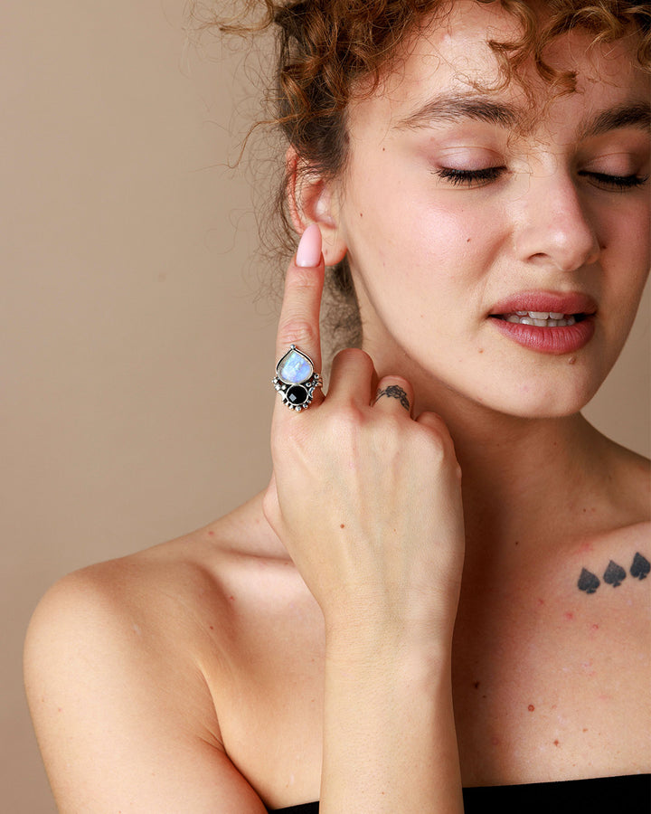 Moonstone and Onyx Celestial Ring