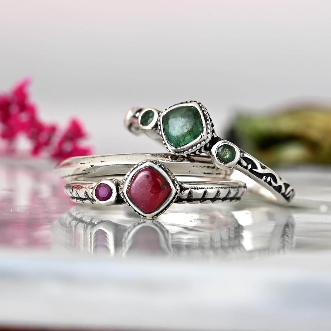 Ruby and Emerald Stackable Ring Set – Boho Magic Jewelry