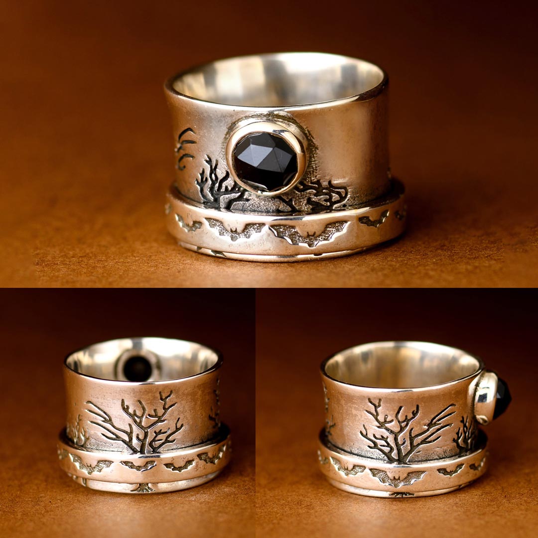 Fledermäuse, Bäume und Onyx-Fidget-Ring