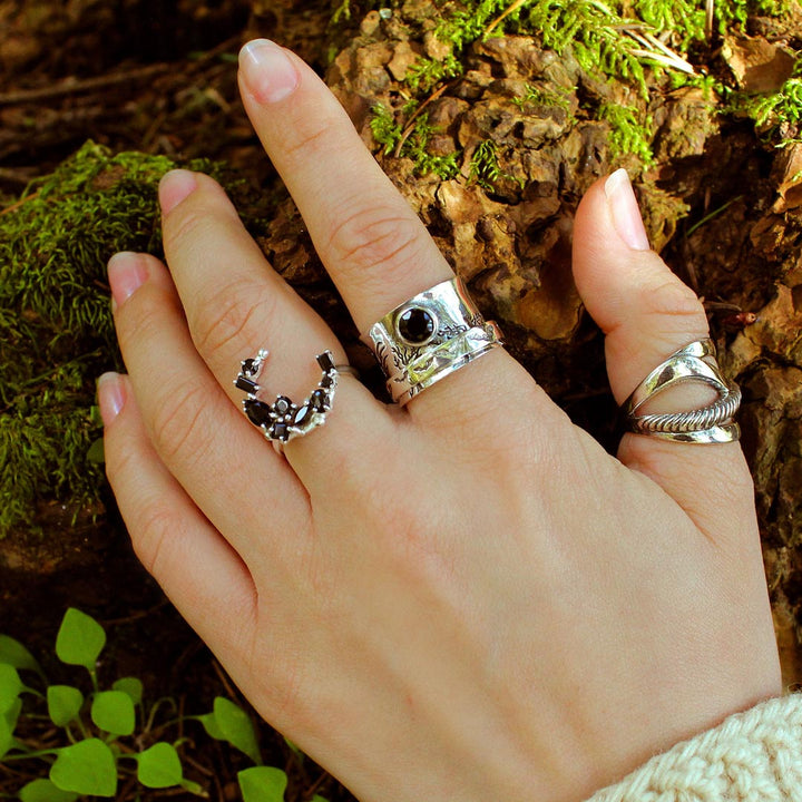 Fledermäuse, Bäume und Onyx-Fidget-Ring