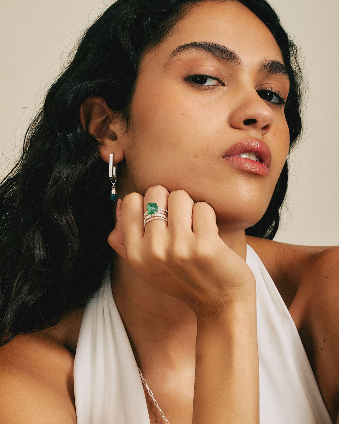 Roher grüner Aventurin Silber Stapelring Set