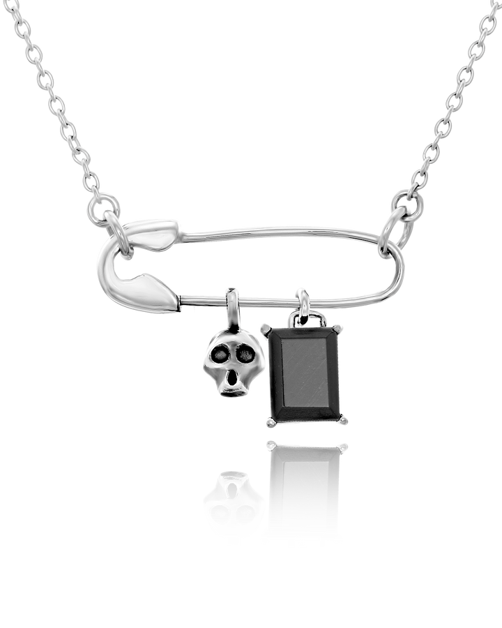 Halskette mit Sicherheitsnadel und Totenkopf aus Onyx