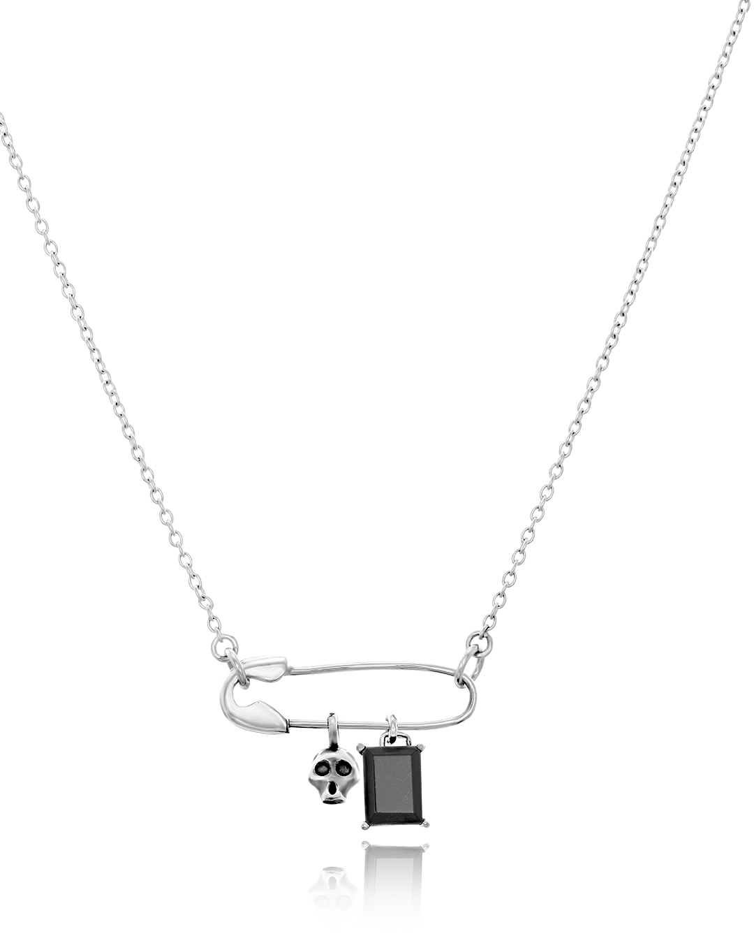 Halskette mit Sicherheitsnadel und Totenkopf aus Onyx