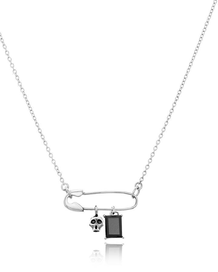 Halskette mit Sicherheitsnadel und Totenkopf aus Onyx