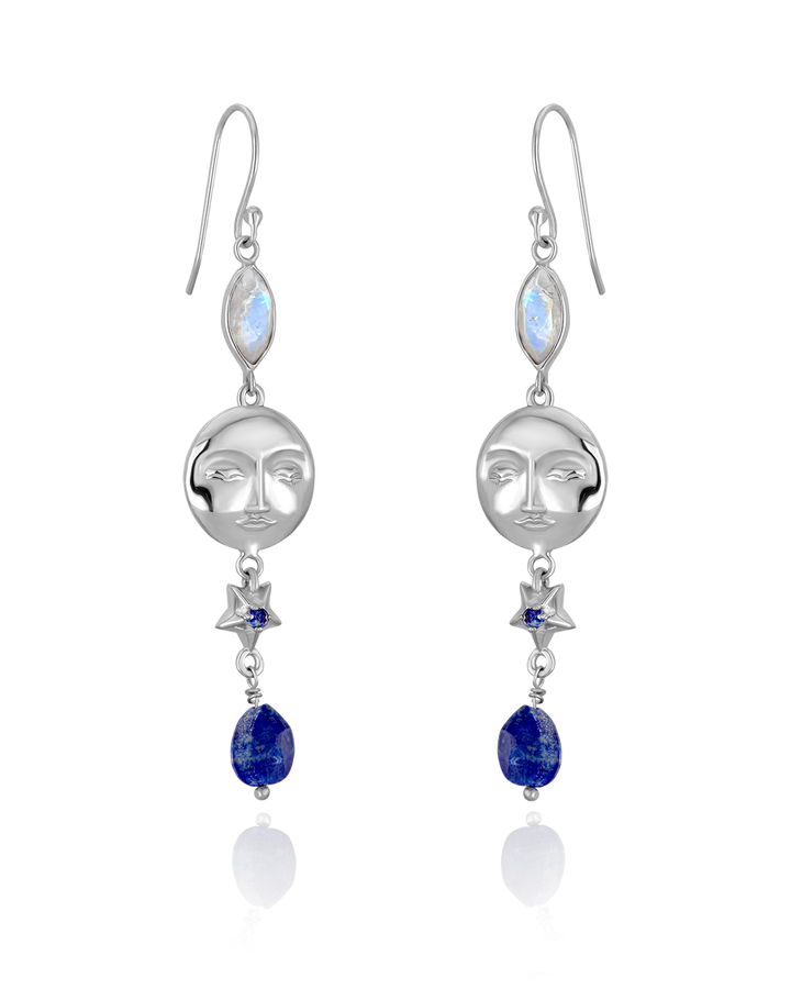 Mondgesicht-Ohrringe mit Lapislazuli und Mondstein