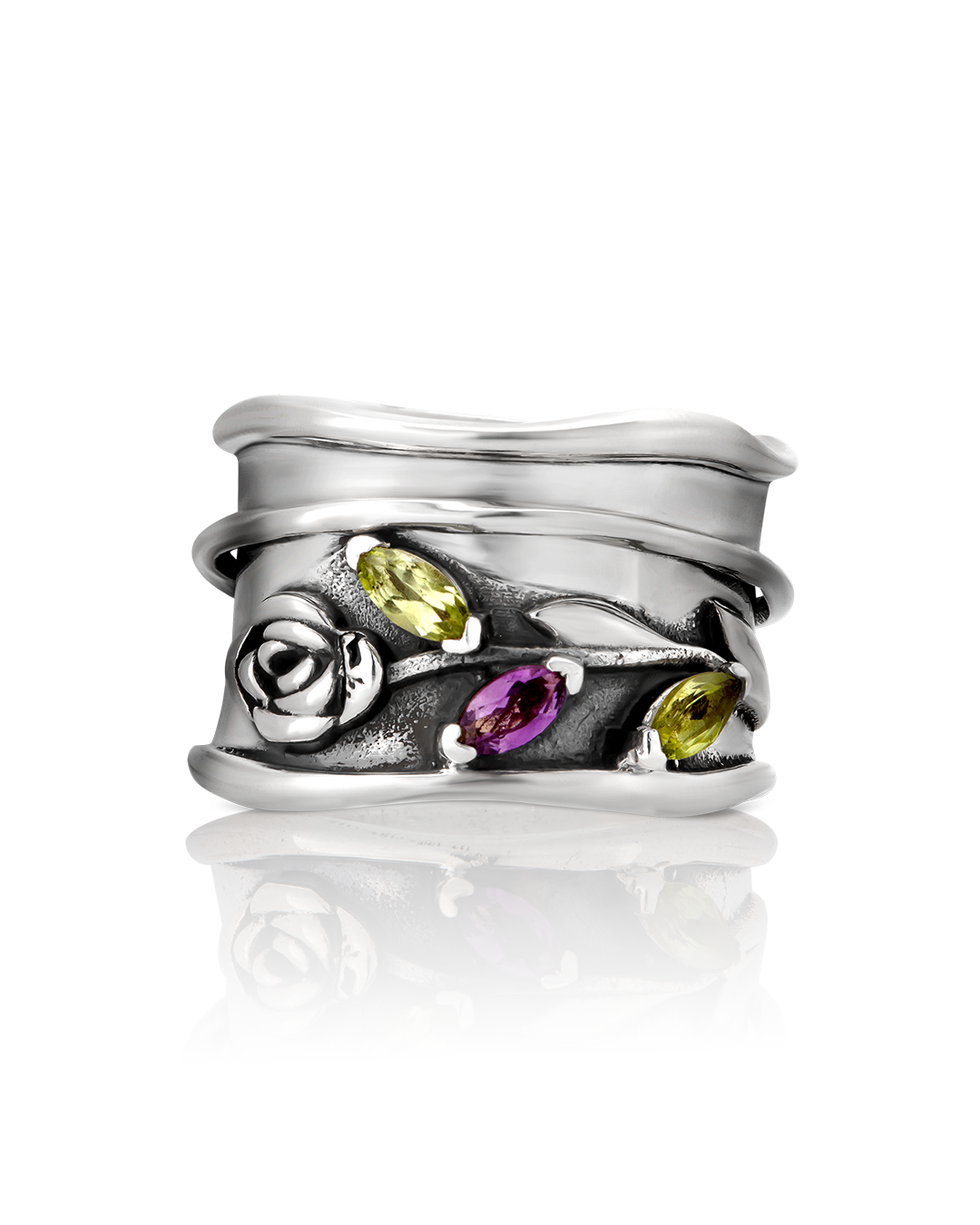 Rose Flower Fidget Ring with Green and Purple Amethyst
