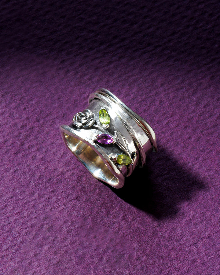 Rose Flower Fidget Ring with Green and Purple Amethyst