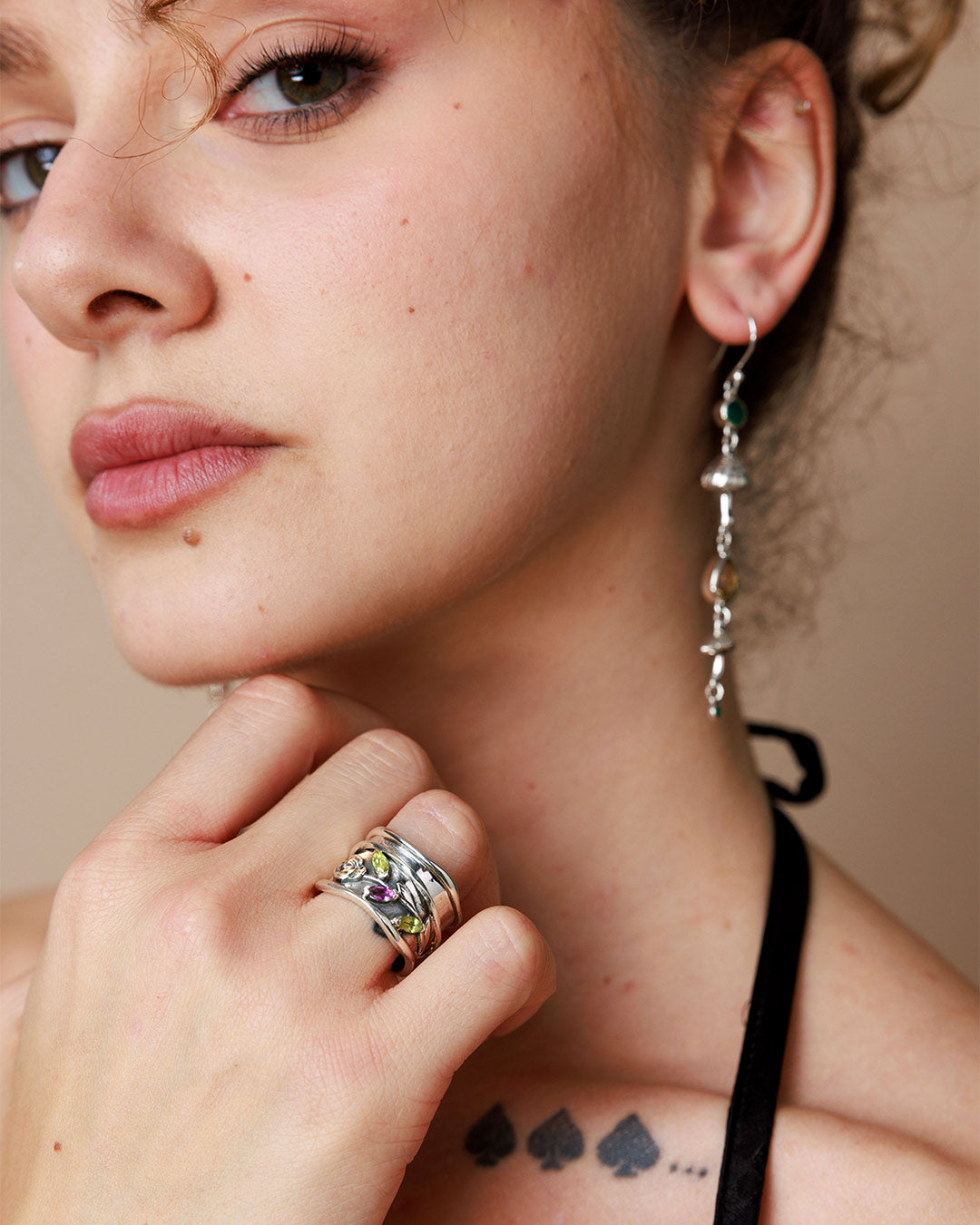 Rose Flower Fidget Ring with Green and Purple Amethyst