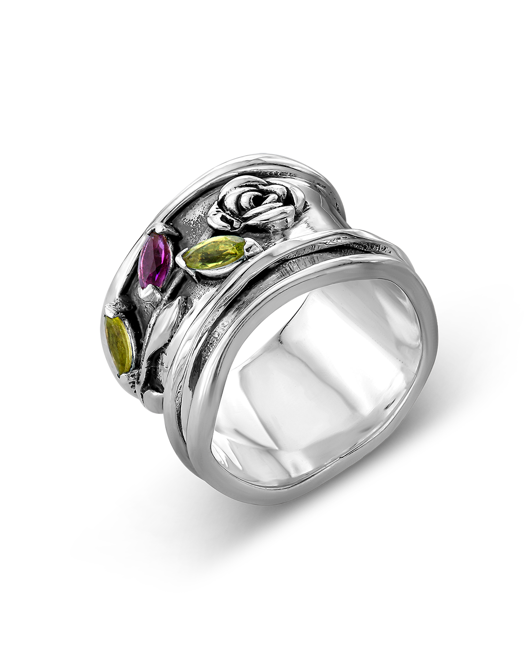 Rose Flower Fidget Ring with Green and Purple Amethyst