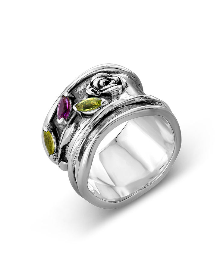 Rose Flower Fidget Ring with Green and Purple Amethyst