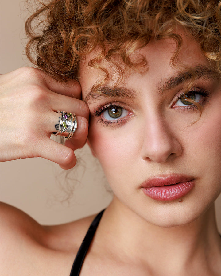 Rose Flower Fidget Ring with Green and Purple Amethyst