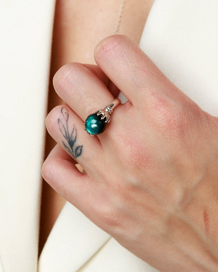 Mystic Hand Labradorite Crystal Ball Ring