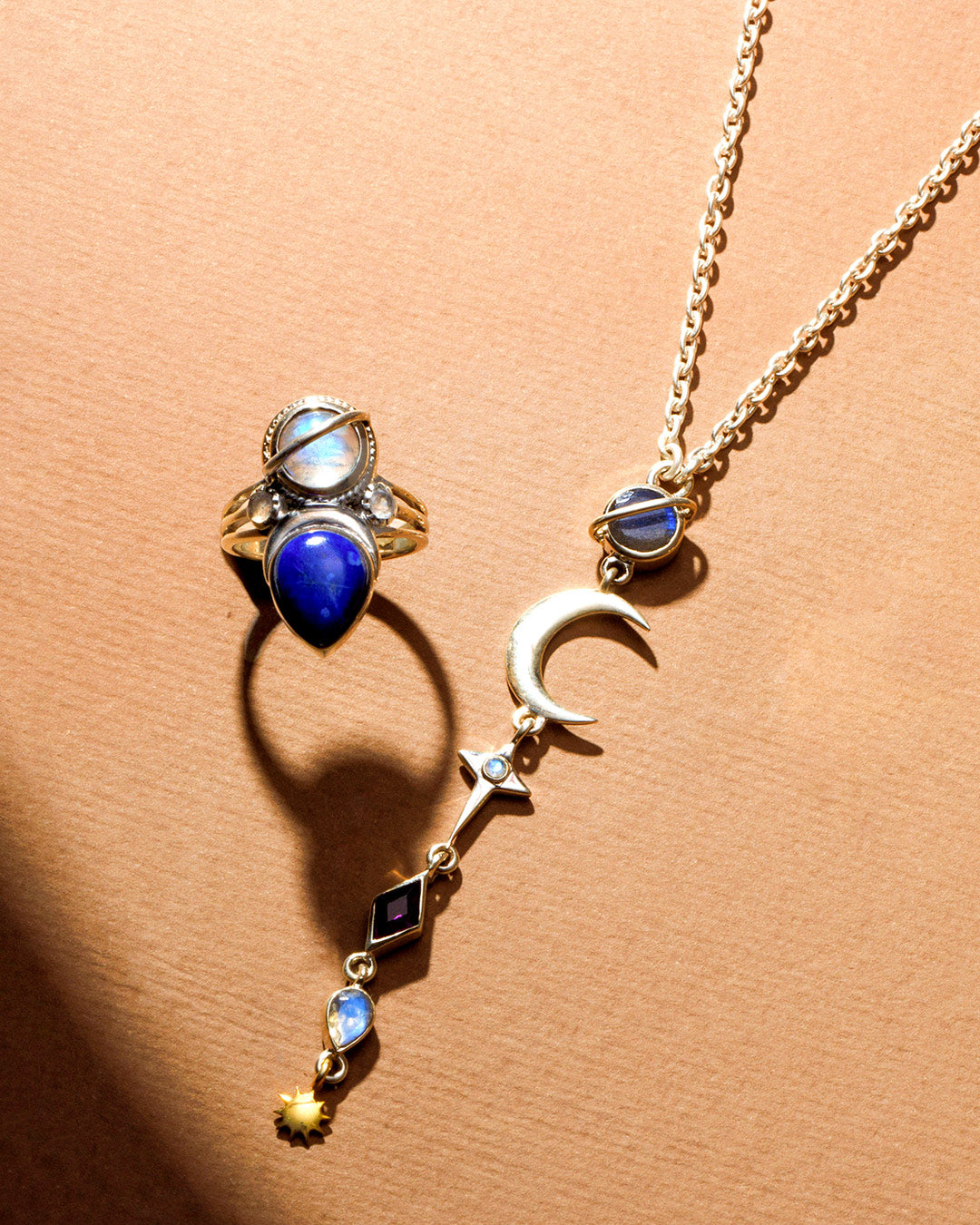 Lapis and Moonstone Saturn Celestial and Moon Ring