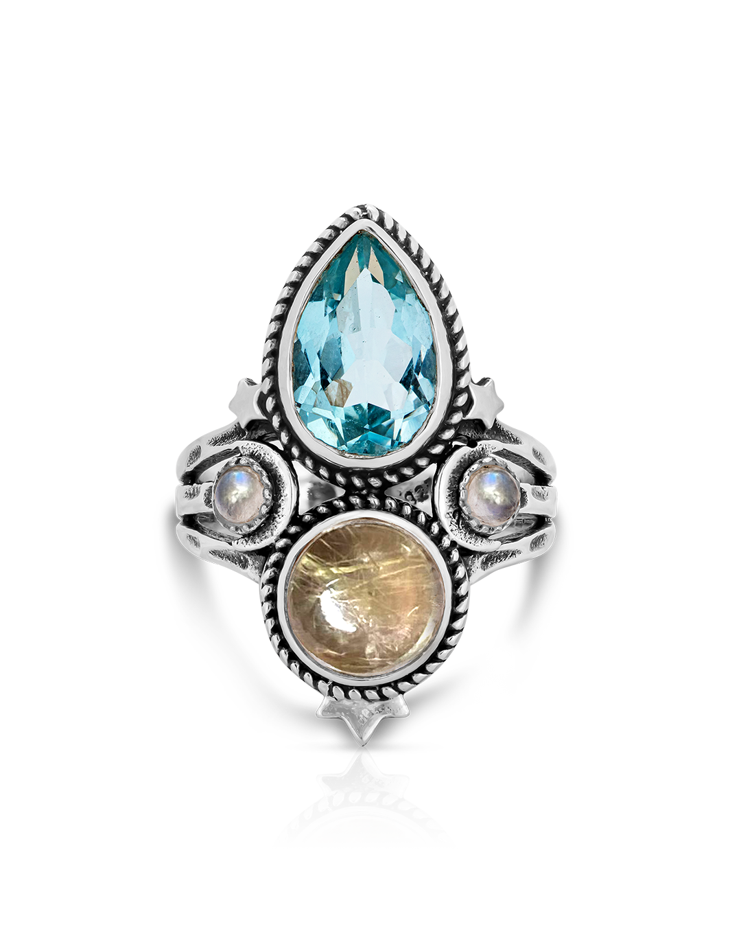 Blue Topaz and Golden Rutilated Quartz Celestial Ring