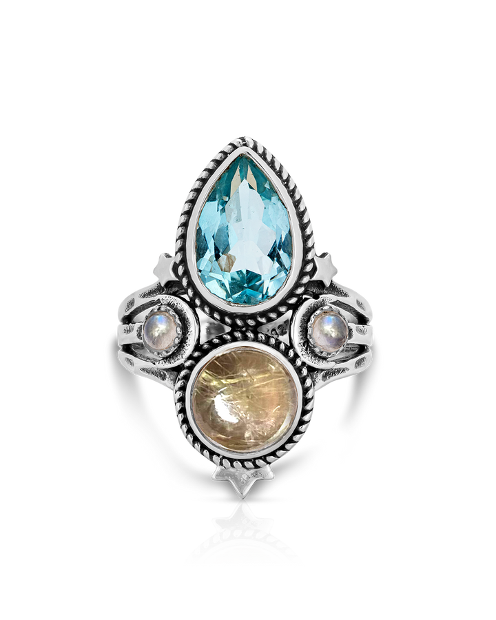 Blue Topaz and Golden Rutilated Quartz Celestial Ring