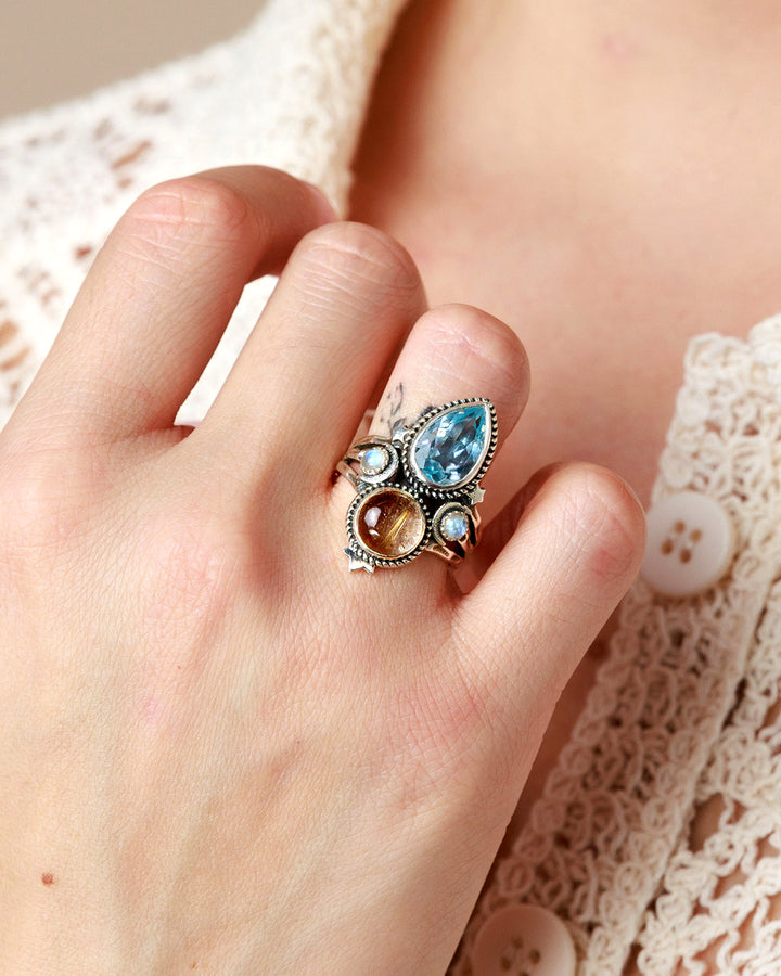 Blue Topaz and Golden Rutilated Quartz Celestial Ring