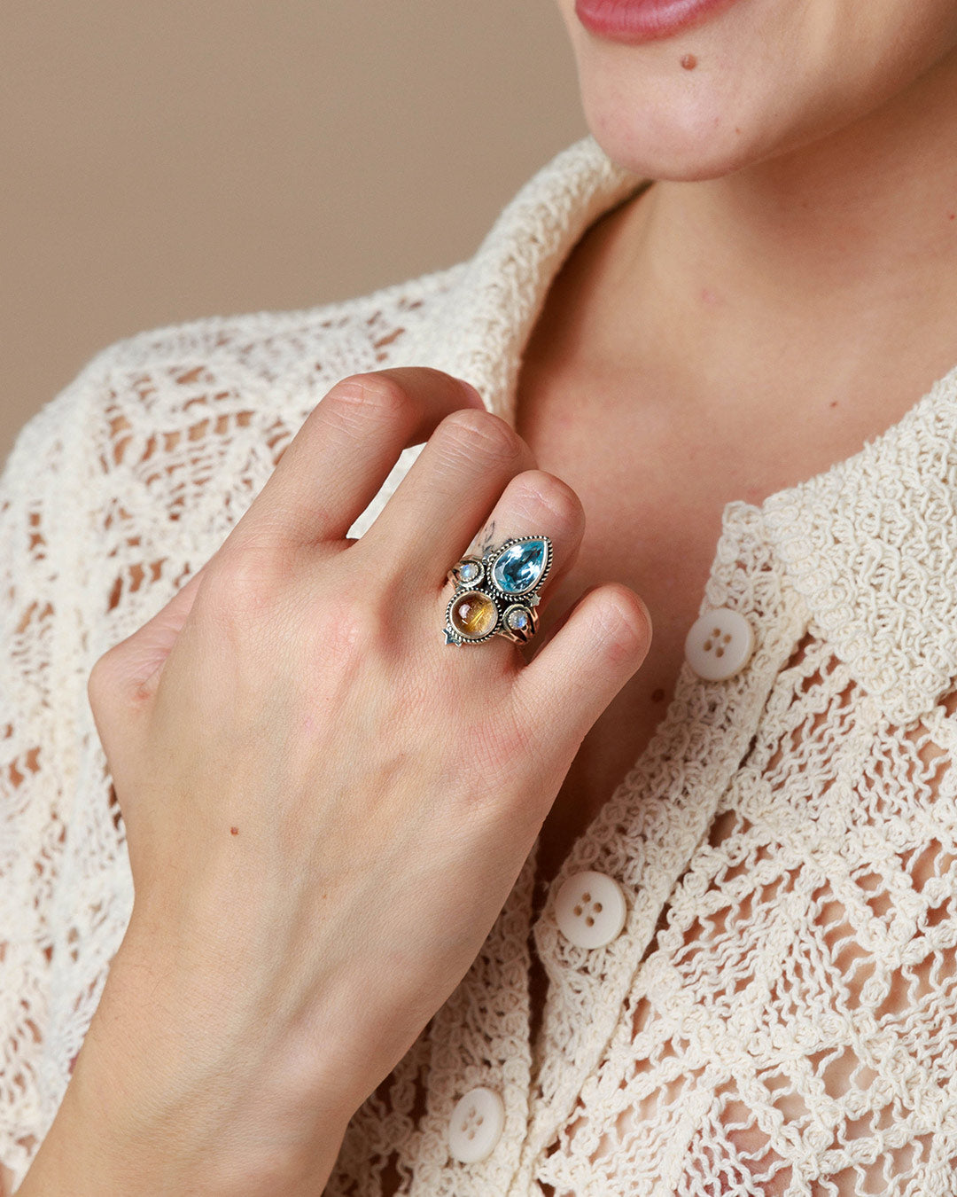 Blue Topaz and Golden Rutilated Quartz Celestial Ring