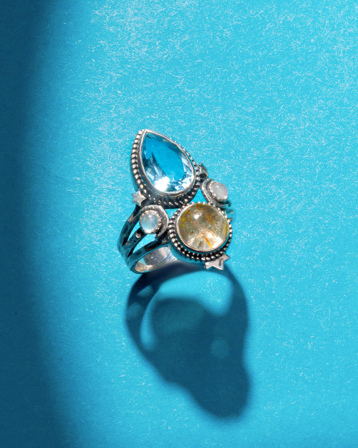 Blue Topaz and Golden Rutilated Quartz Celestial Ring