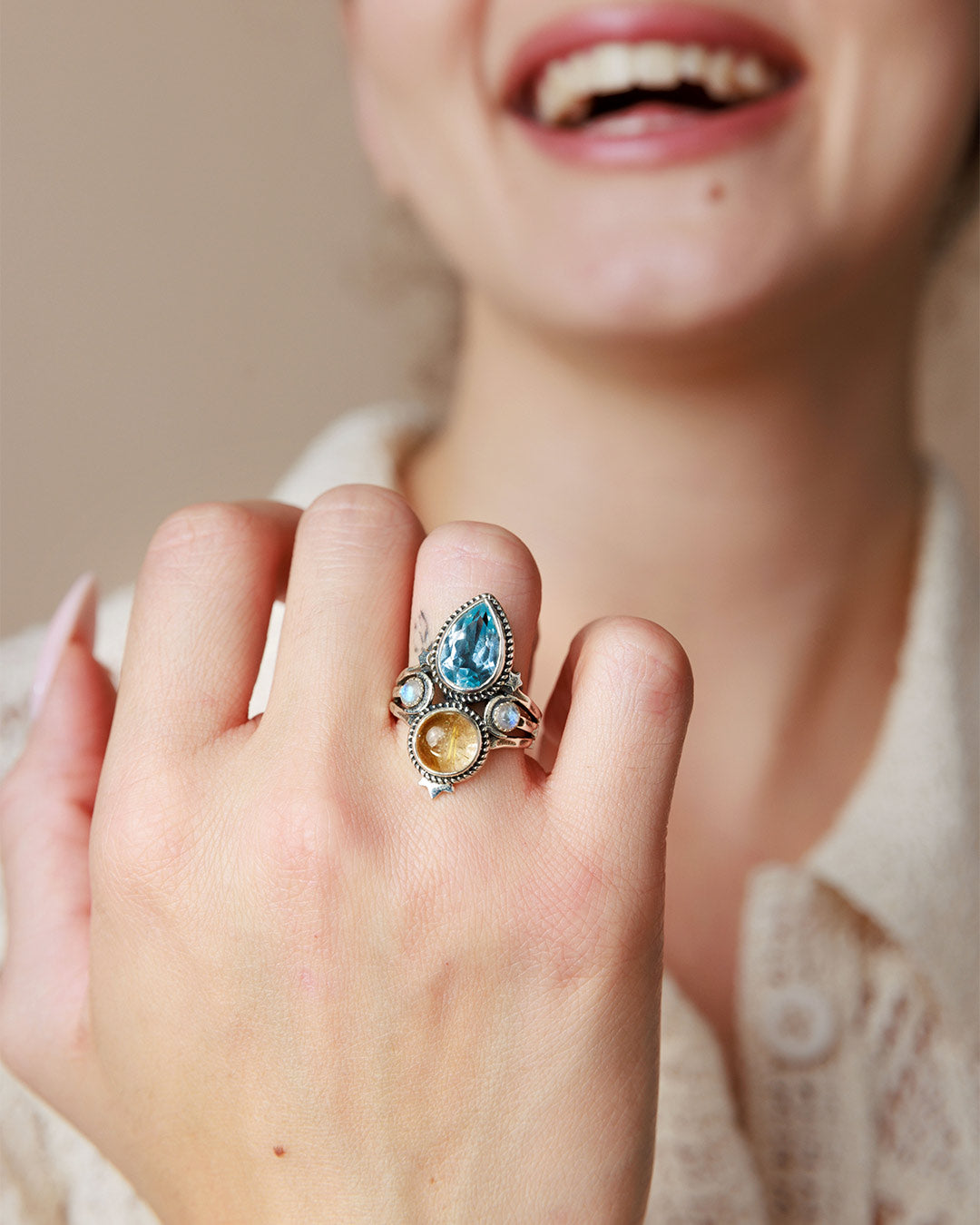 Blue Topaz and Golden Rutilated Quartz Celestial Ring