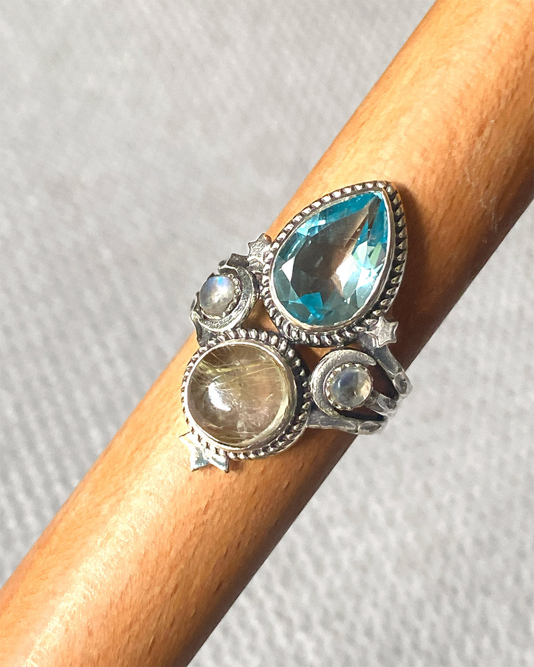 Blue Topaz and Golden Rutilated Quartz Celestial Ring