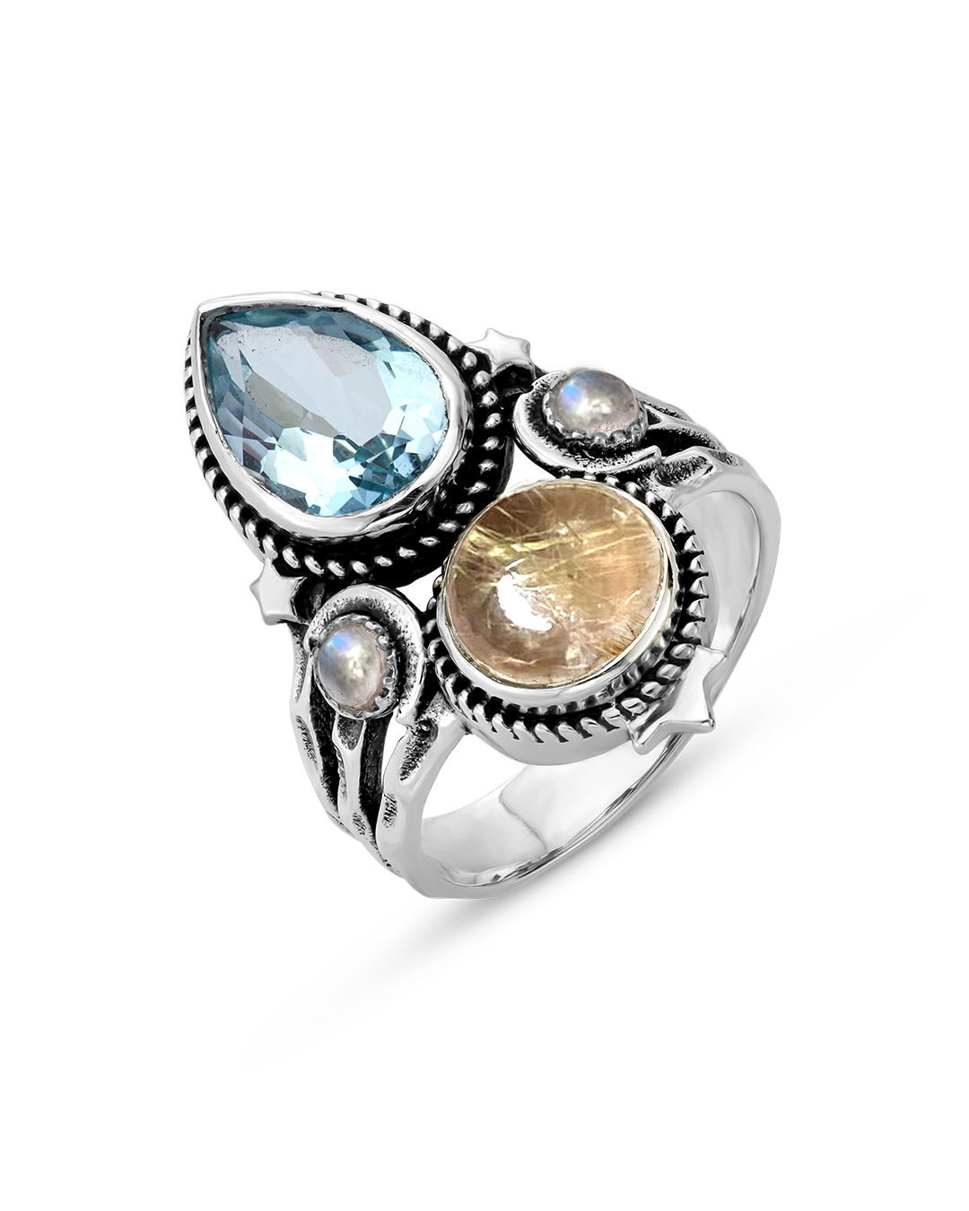 Blue Topaz and Golden Rutilated Quartz Celestial Ring