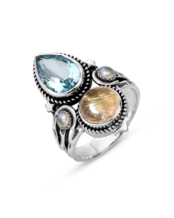 Blue Topaz and Golden Rutilated Quartz Celestial Ring