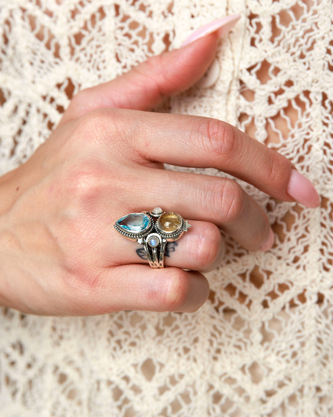Blue Topaz and Golden Rutilated Quartz Celestial Ring