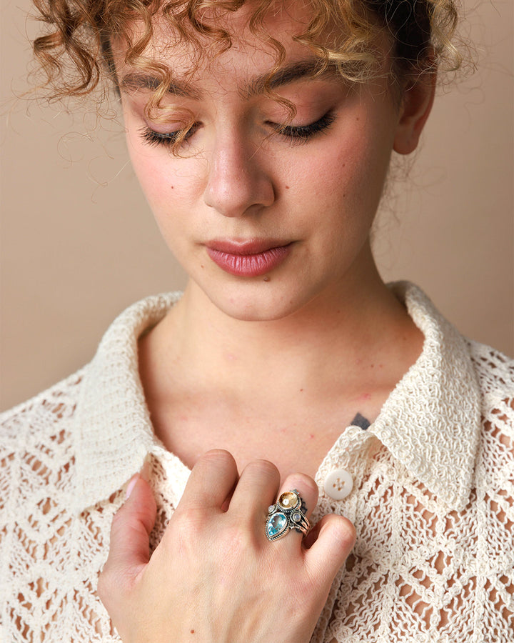 Blue Topaz and Golden Rutilated Quartz Celestial Ring