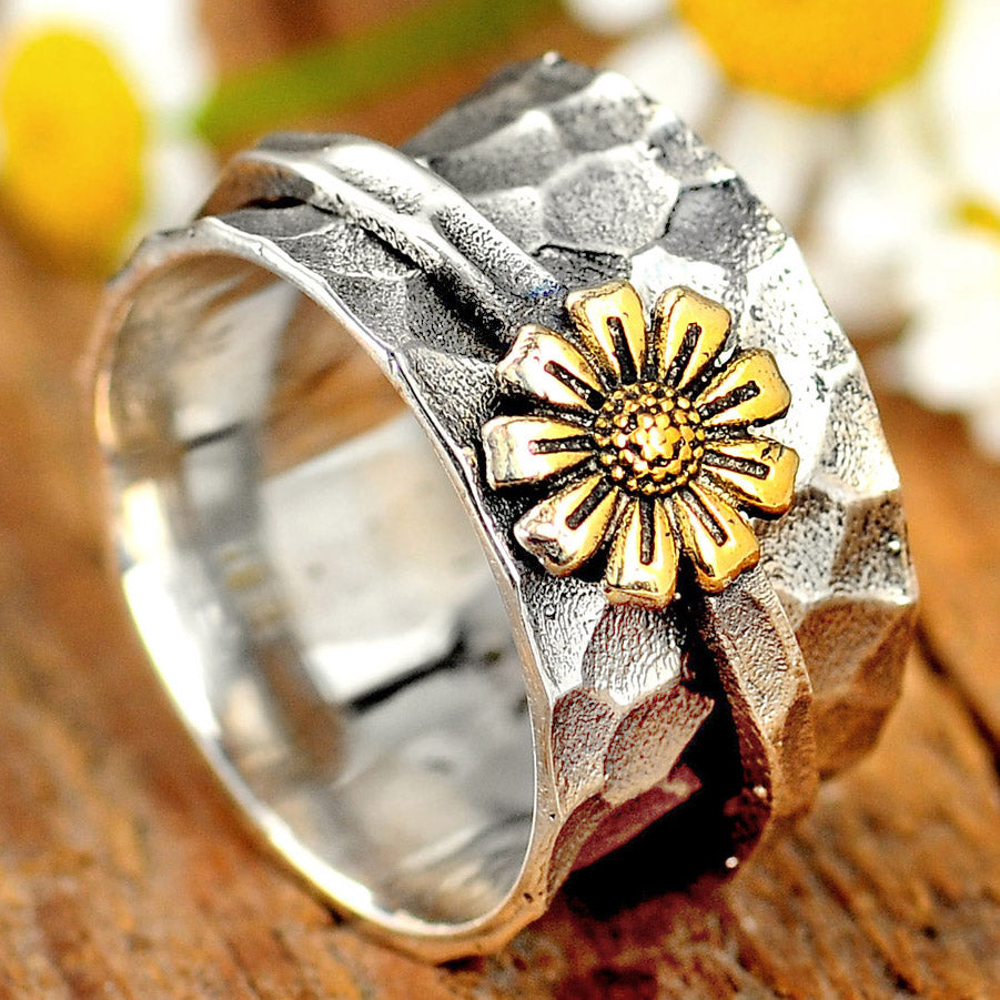 Spinner Sunflower Wide Ring Sterling Silver – Boho Magic Jewelry