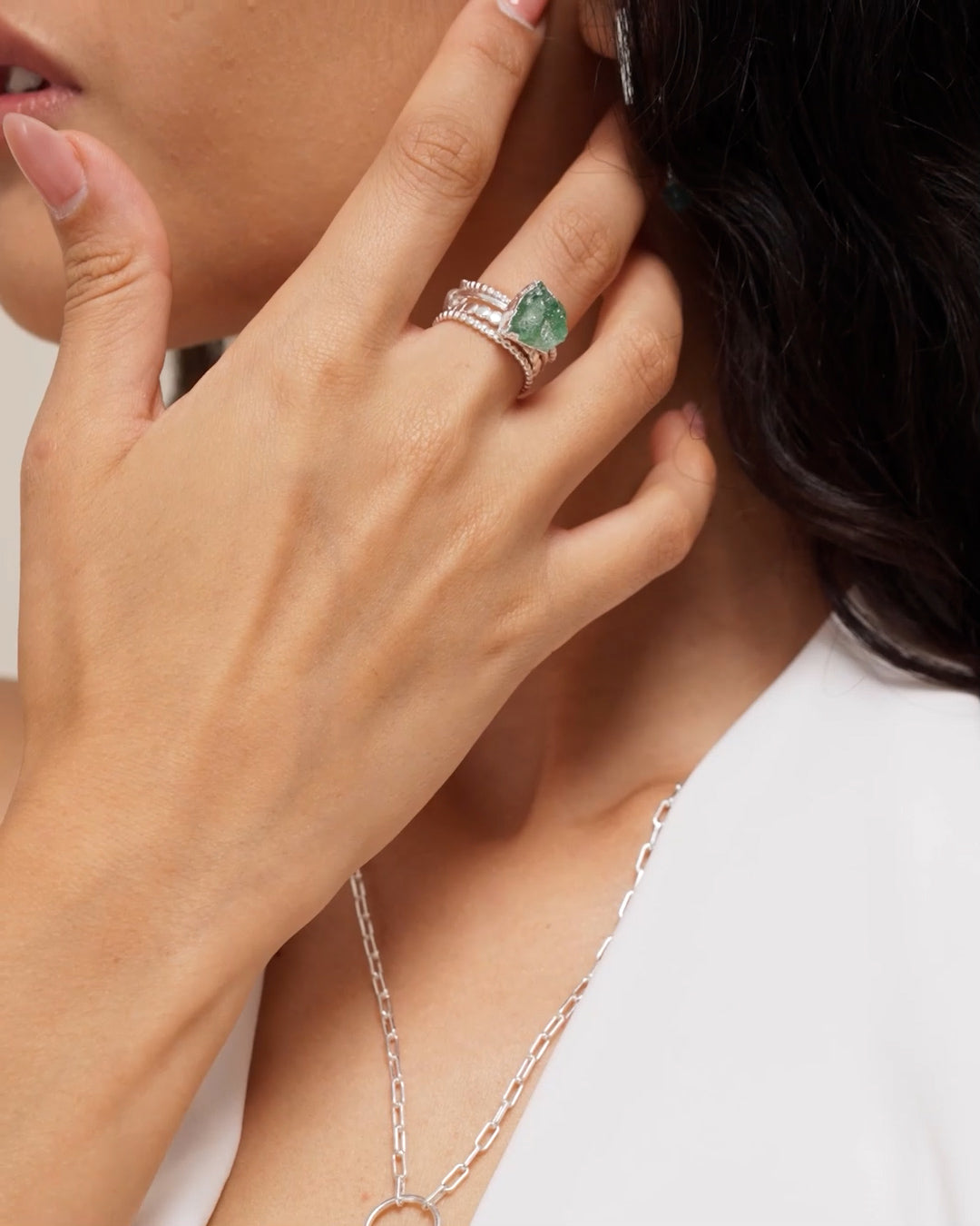 Roher grüner Aventurin Silber Stapelring Set