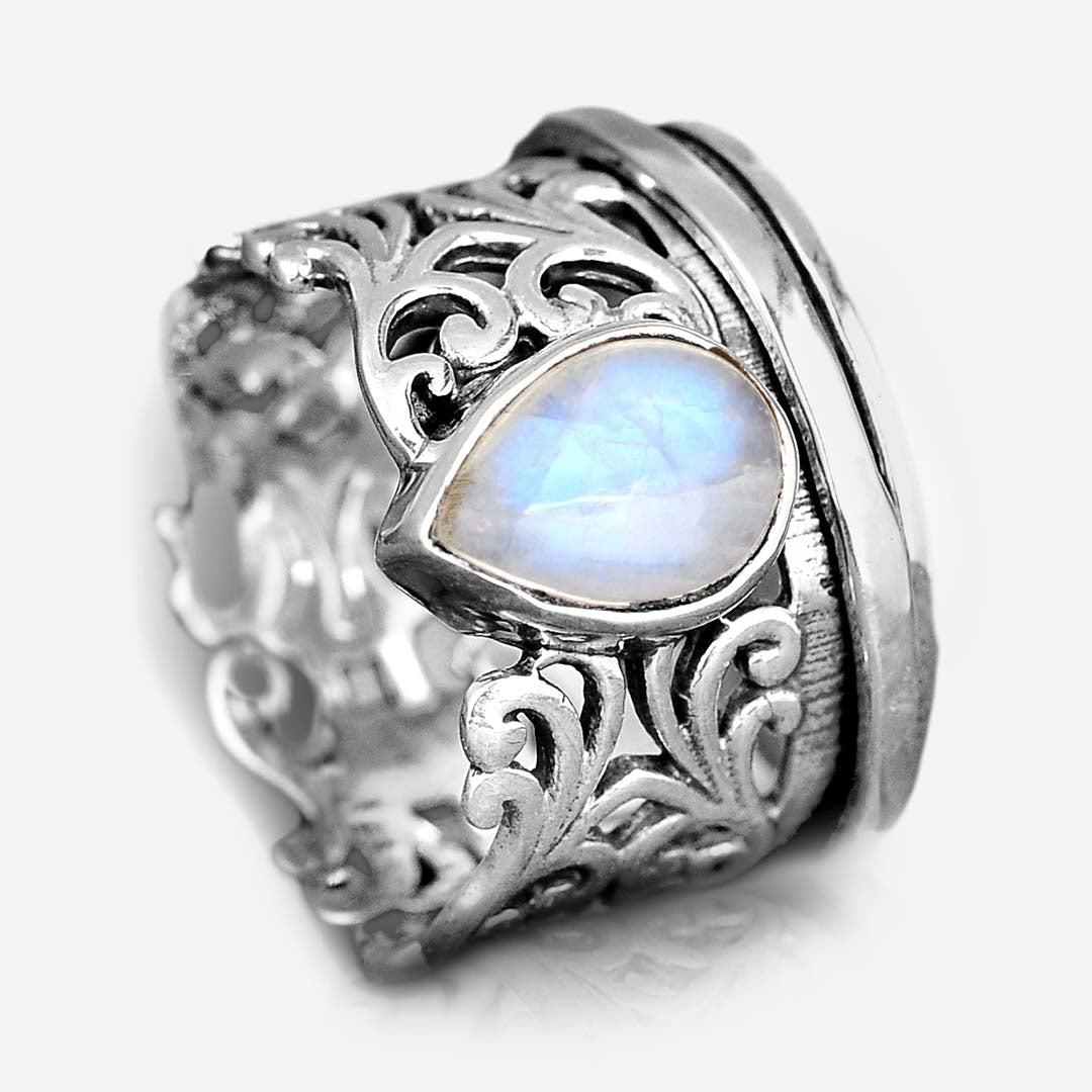 Sterling Silver Spinner Teardrop Moonstone Ring Boho Magic Jewelry