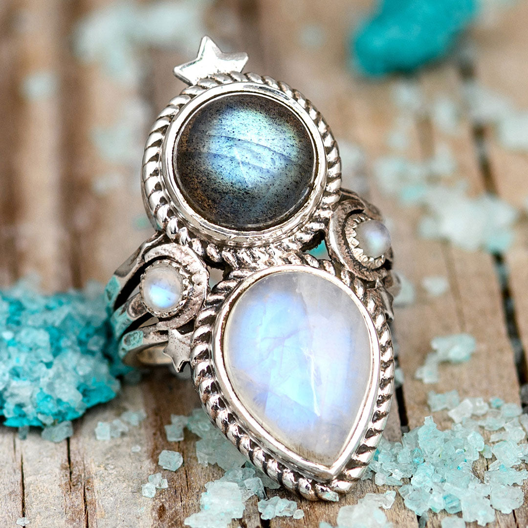Celestial Moonstone and Labradorite Silver Ring – Boho Magic Jewelry