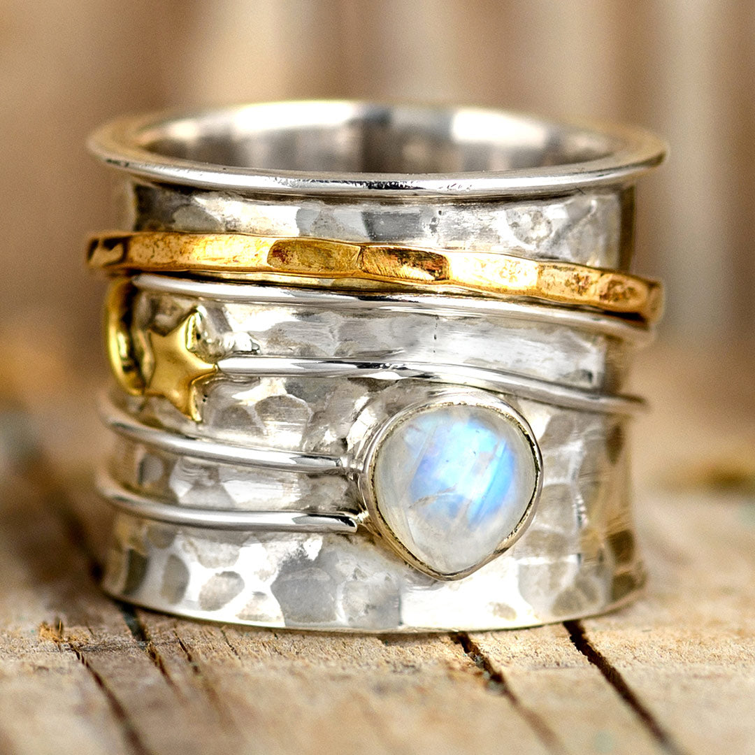 Star Moon and Moonstone Fidget Ring Sterling Silver