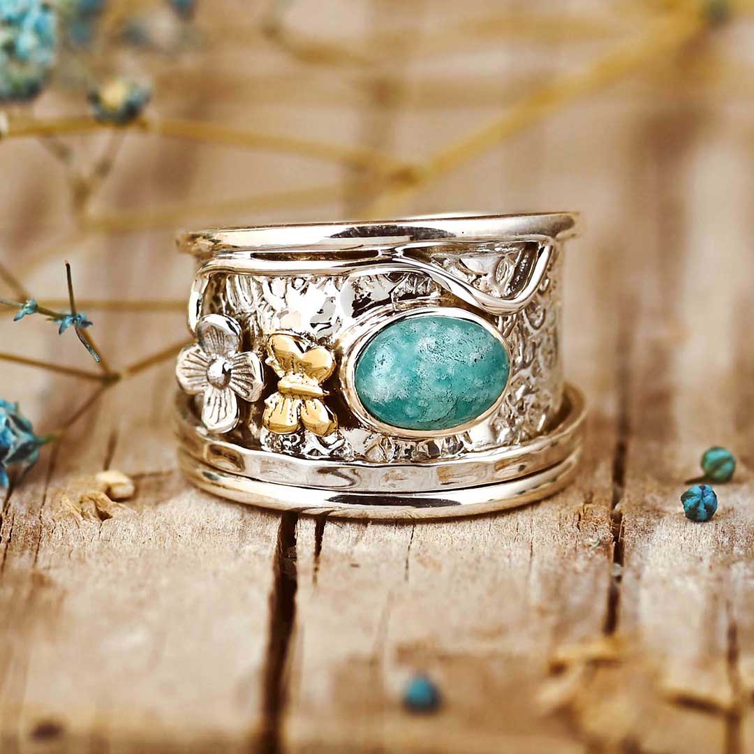 Amazonit Schmetterling und Blume Fidget Ring