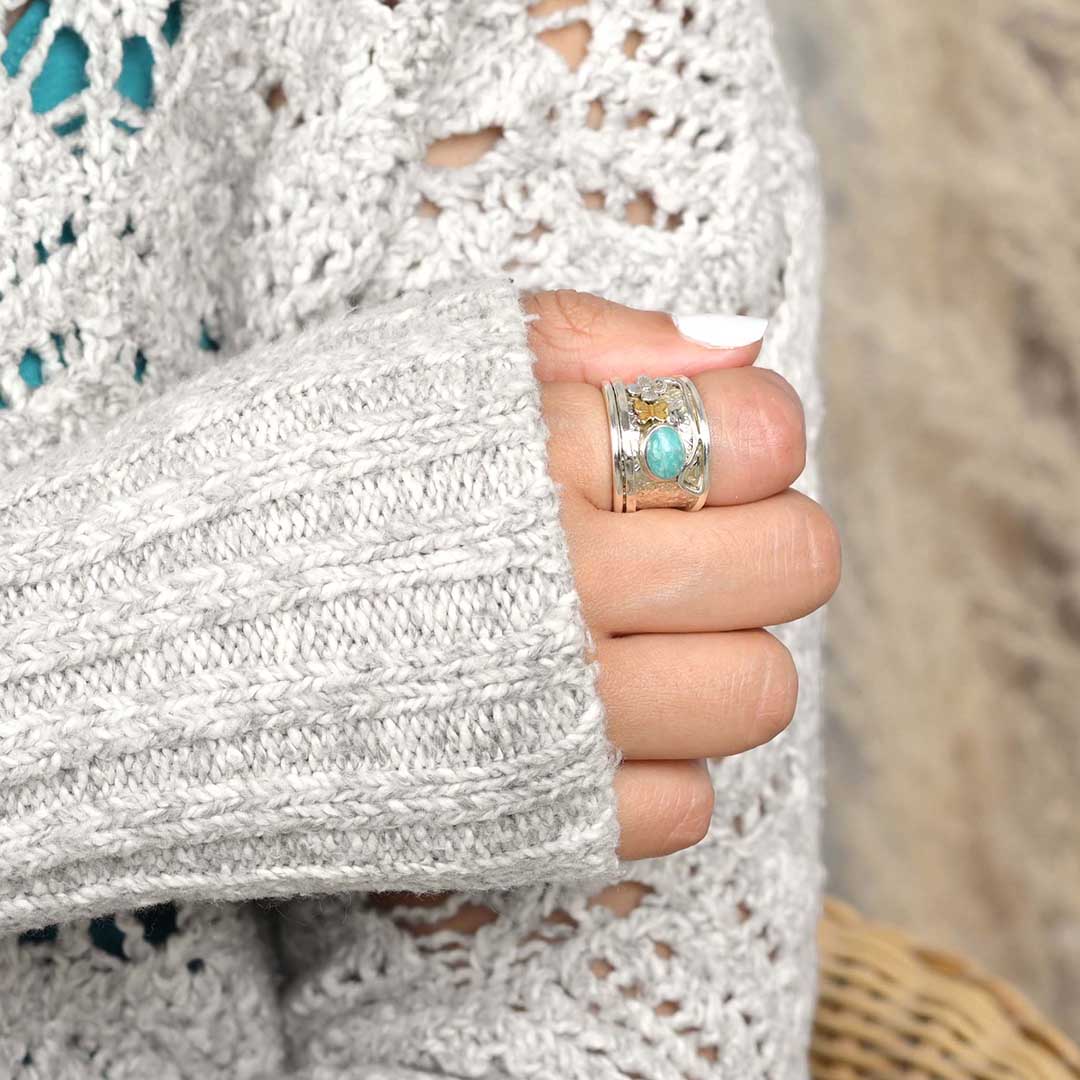 Amazonit Schmetterling und Blume Fidget Ring