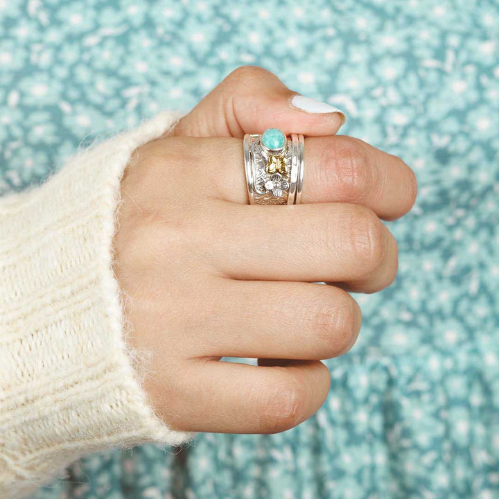 Amazonit Schmetterling und Blume Fidget Ring