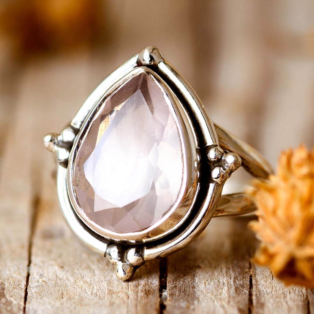 Rosenquarz Tropfenring Sterling Silber